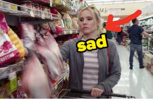 Eleanor from The Good Place shoving chips into her shopping cart with an arrow pointing to her and sad typed under her face
