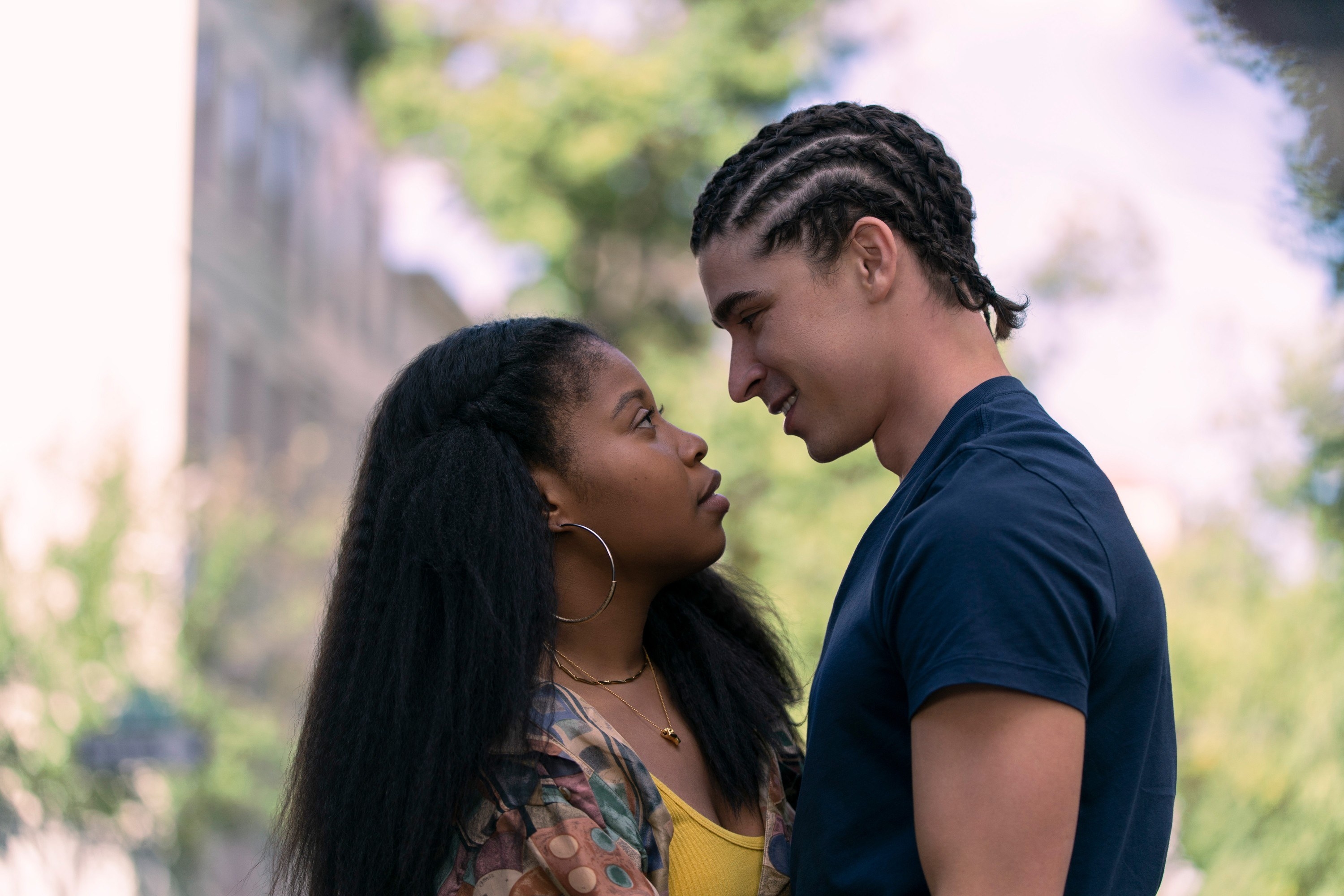 Still from &quot;Modern Love&quot; featuring Dominique (L) and Isaac (R) looking at each other