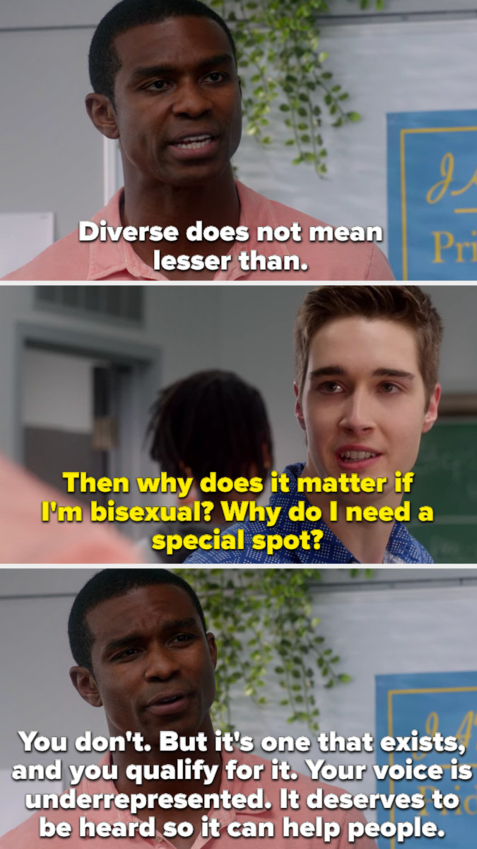 Miles: &quot;Why does it matter if I&#x27;m bisexual? Why do I need a special spot?&quot; Mr. Mitchell: &quot;Your voice is underrepresented, it deserves to be heard so it can help people&quot;