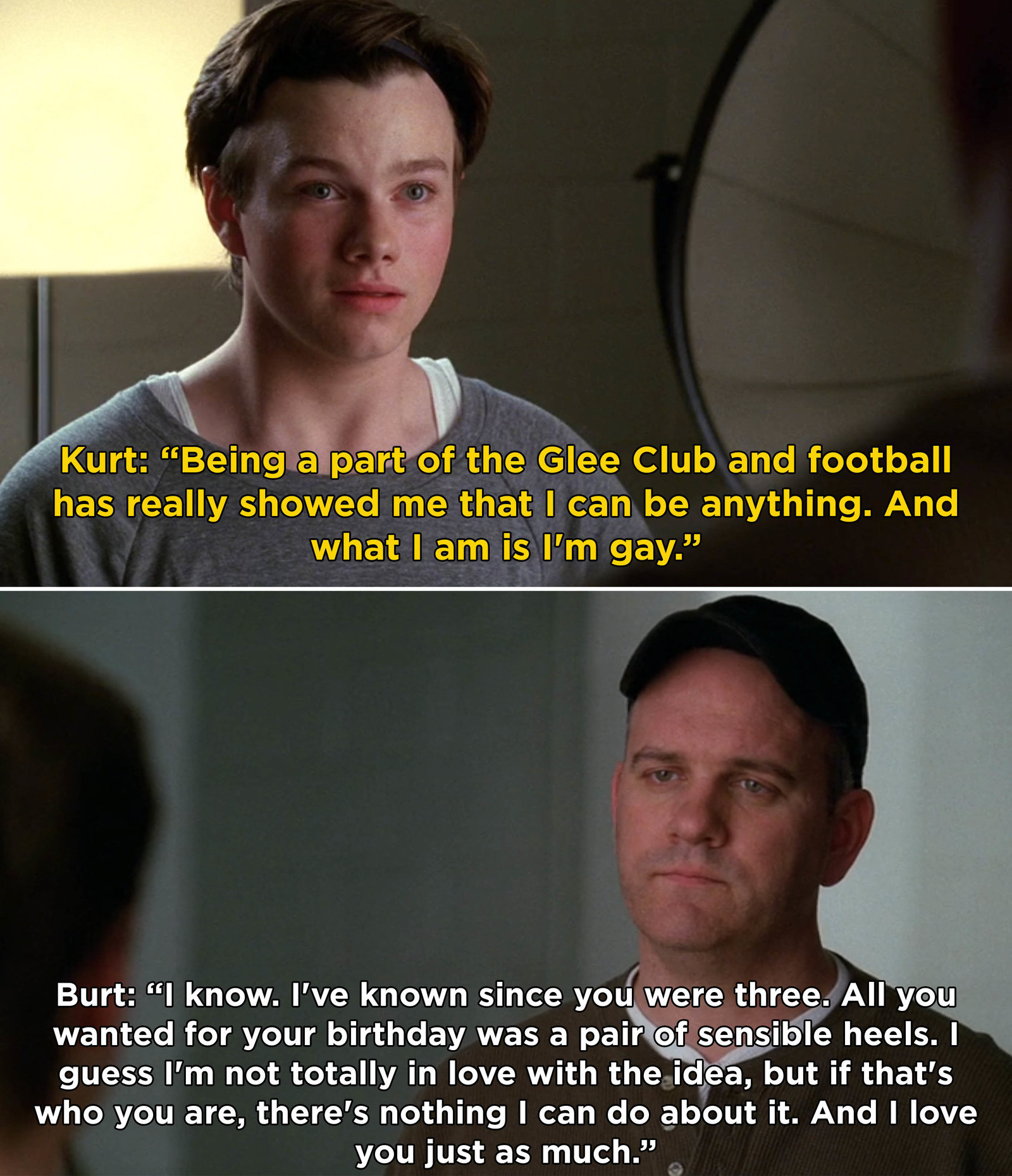 Kurt tells his dad he&#x27;s gay, Burt says he&#x27;s known since Kurt was three and loves him just as much