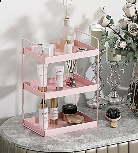 A three-tier shelf with makeup products on it