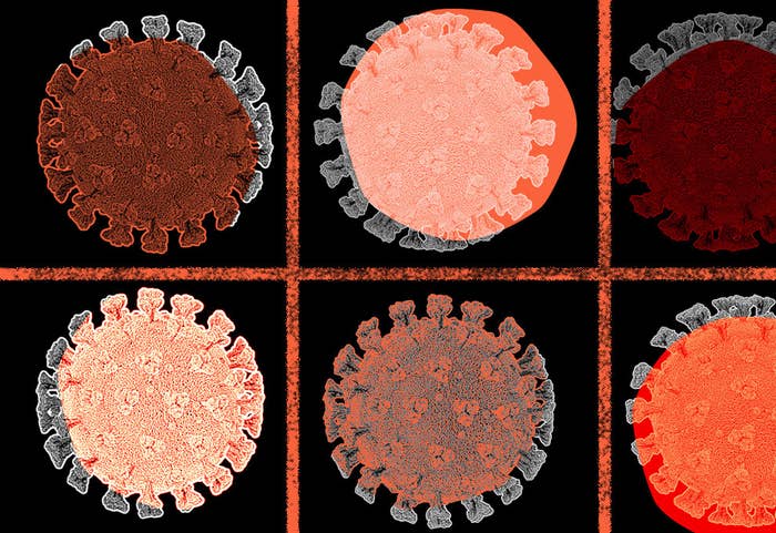 Images of a coronavirus in a red grid on a black background