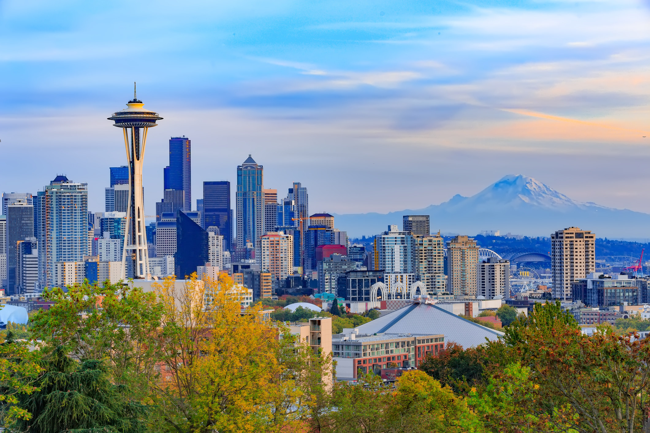 shot of Seattle with Mount Rainier and the Space Needle