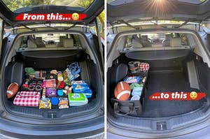 to the left: an unorganized trunk, to the right: an organized trunk with the calpak organizer