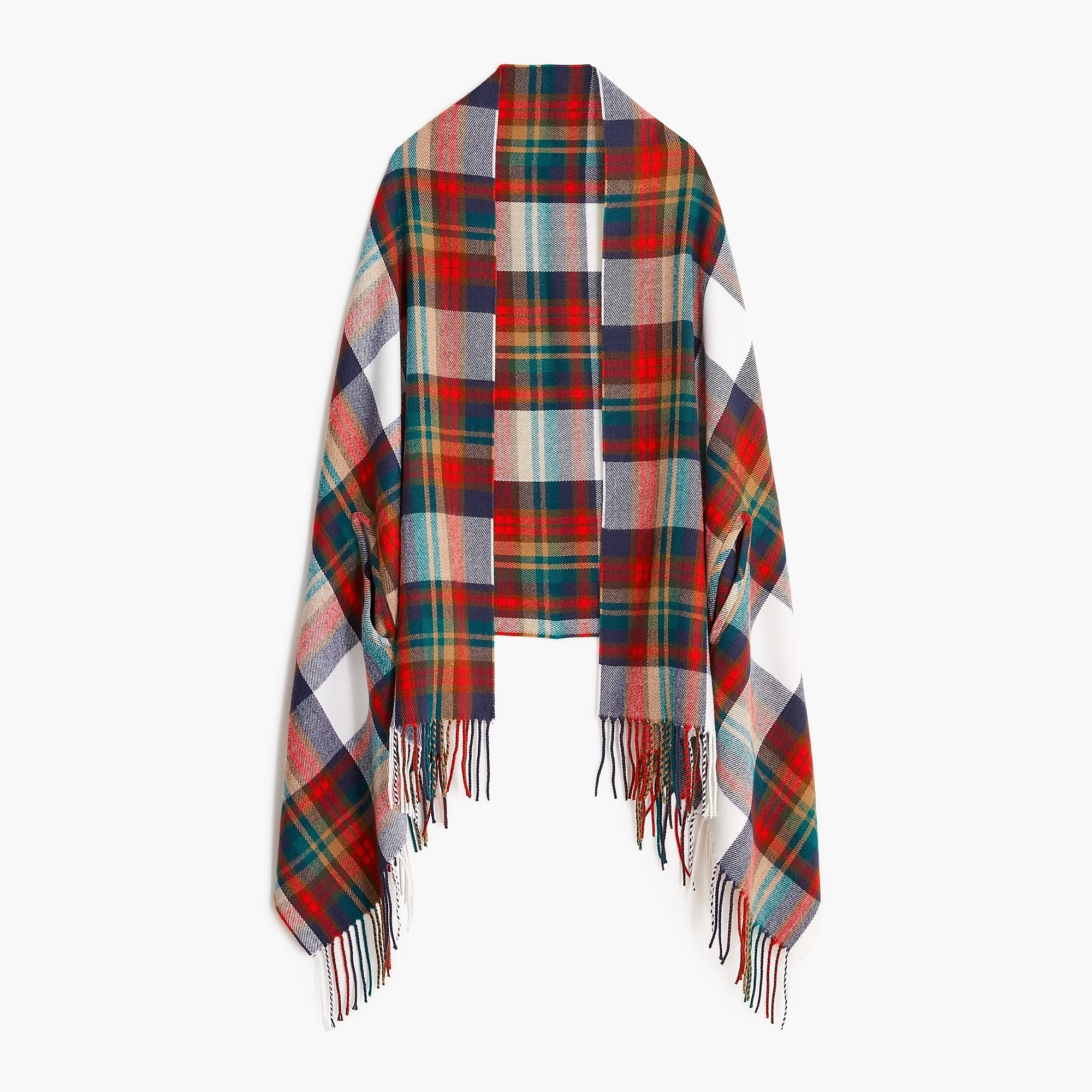 a plaid scarf with brown, blue, yellow, green and red