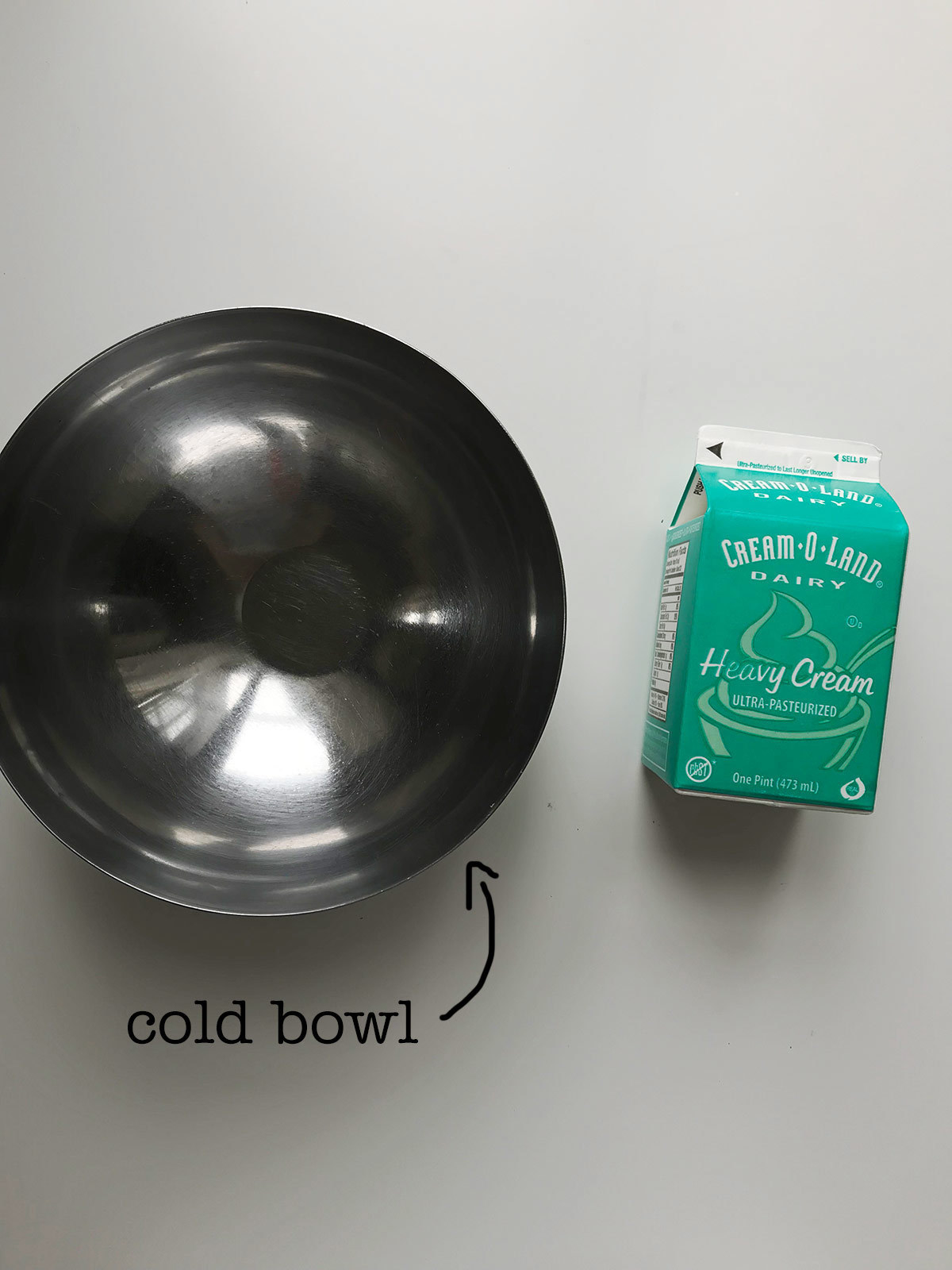 A cold stainless steel bowl and heavy whipping cream.
