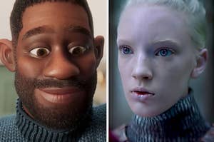 A cartoon man in a turtleneck looks down at something and a pale alien girl looks intrigued