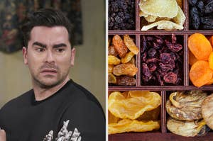 David Rose pulling a grossed out face, next to various dried fruits
