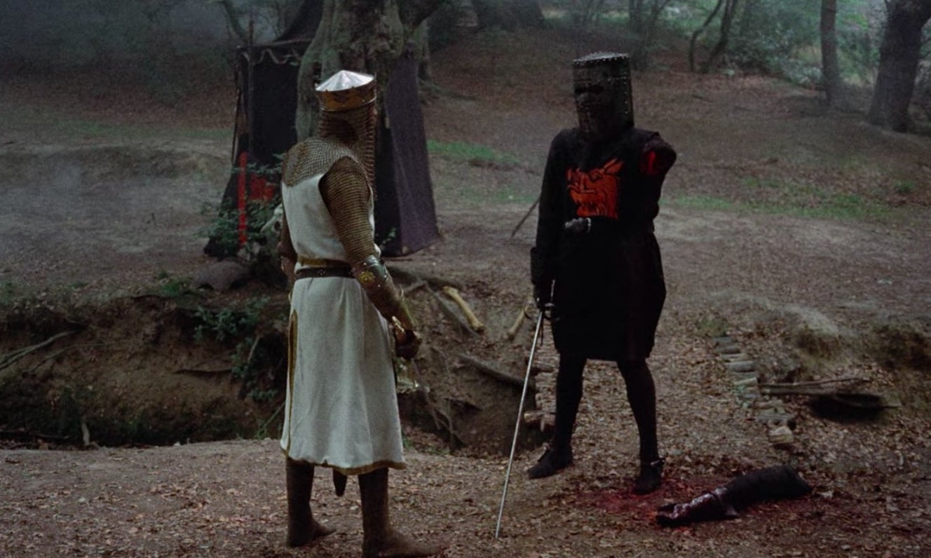 King Arthur standing in front of the one-armed Black Knight in "Monty Python and the Holy Grail"