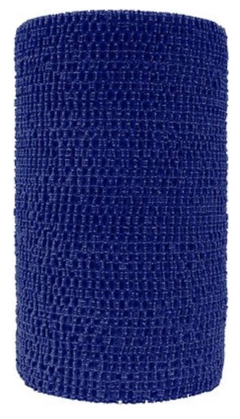 A roll of blue self-adhering bandage for horses