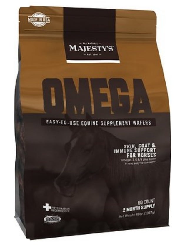 A bag of skin, coat, and immune support supplements for horses