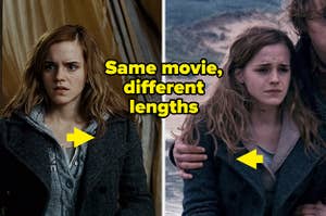 Hermione with different hair lengths and text, "Same movie, different lengths"