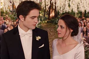 Edward and Bella from Twilight on their wedding day