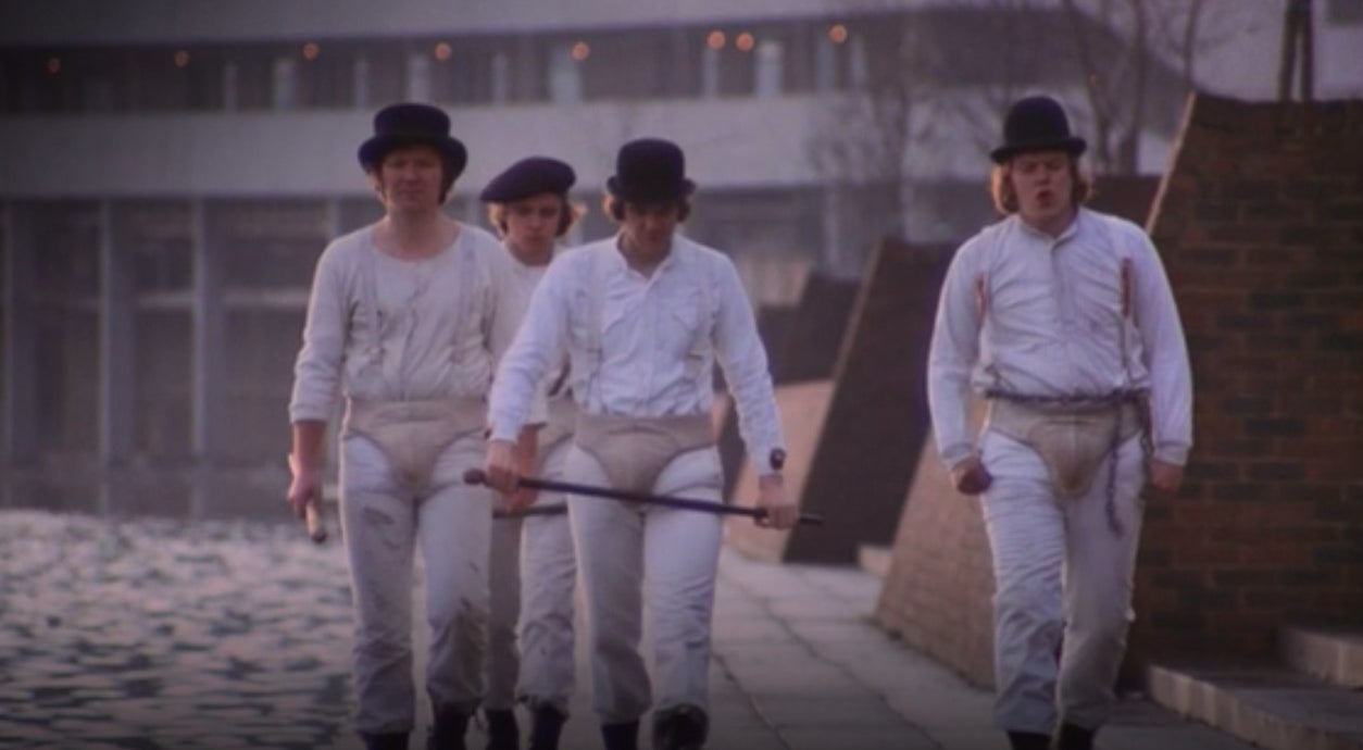 Alex and his &quot;droogs&quot; walking down by a lake in &quot;A Clockwork Orange&quot;