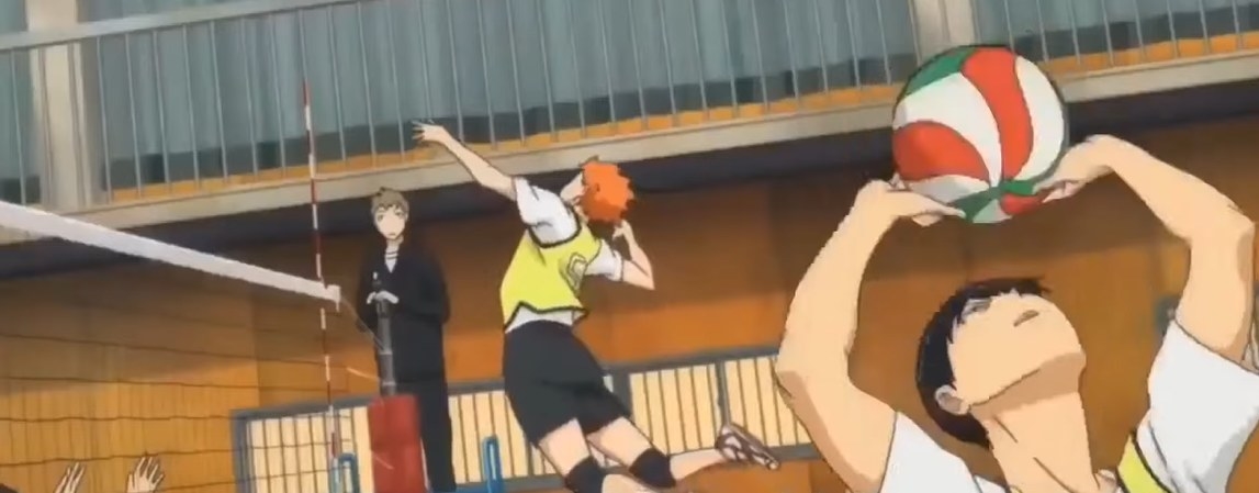 Tobio setting the ball for Shoyo so he can spike it