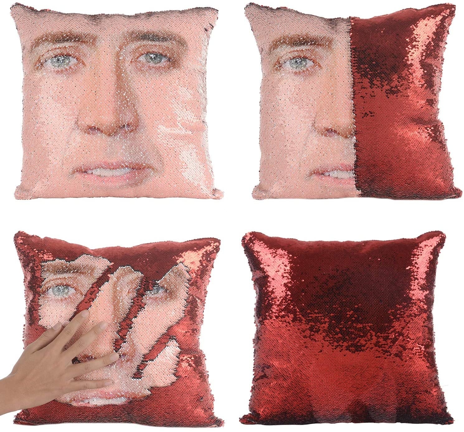 gold sequin pillow cover that when is stroked reveals a pic of Nic Cage