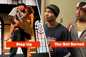 "Step Up" – Tyler and Nora are in a dance pose on the left. "You Got Served" – Elgin and Rico are looking towards them on the right.