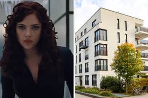 Natasha Romanoff is on the left with an apartment building on the right