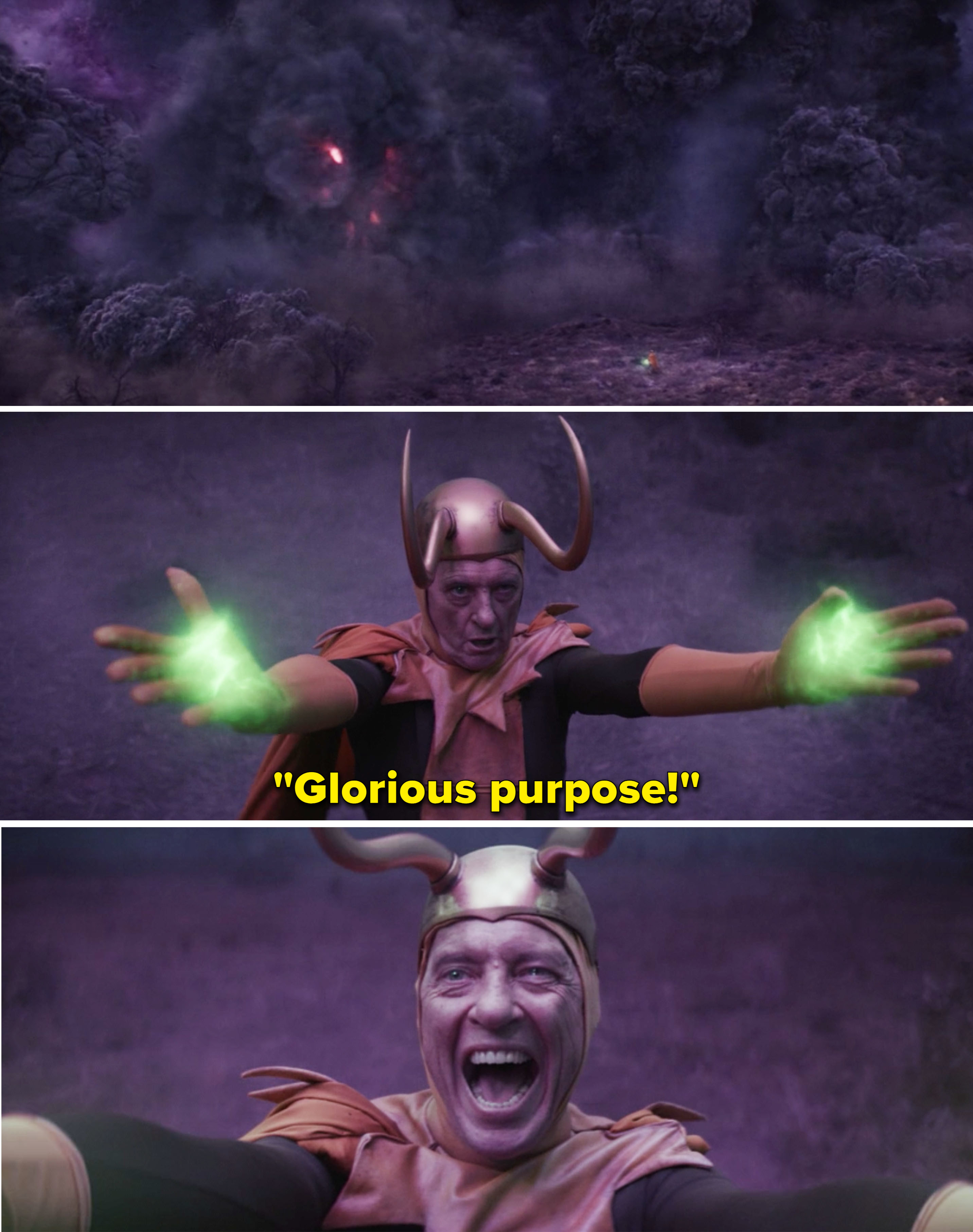 Classic Loki shouting &quot;Glorious purpose&quot;
