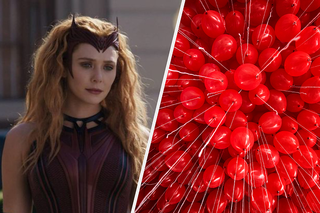 Wanda Maximoff wears a dark corset with a matching crown and an up angle shot of a ceiling filled with brightly colored balloons
