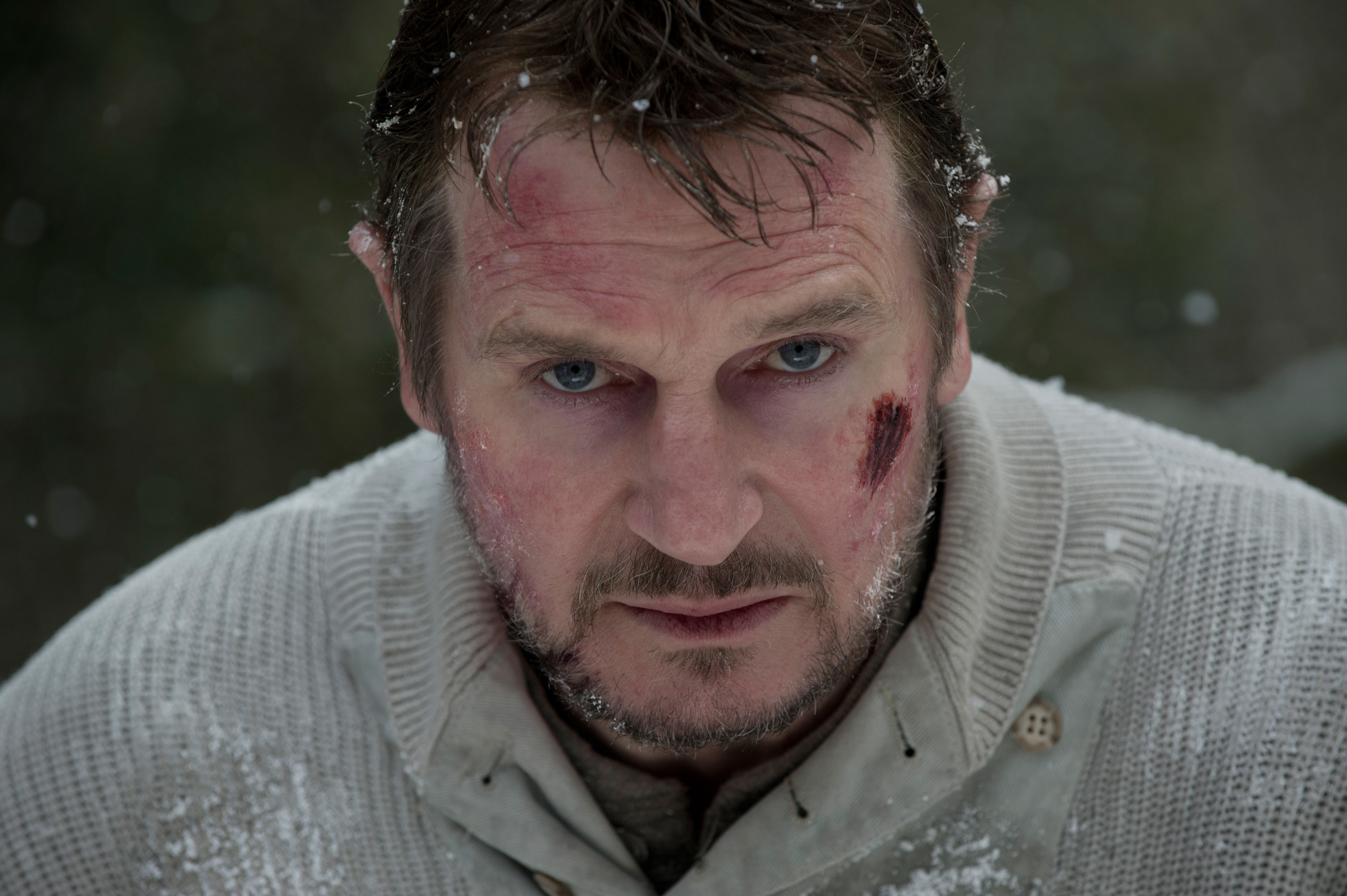 Liam Neeson looking beat up and intense, standing out in the snow