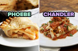 On the left, a slice of apple pie labeled Phoebe, and on the right, some ziti labeled Chandler