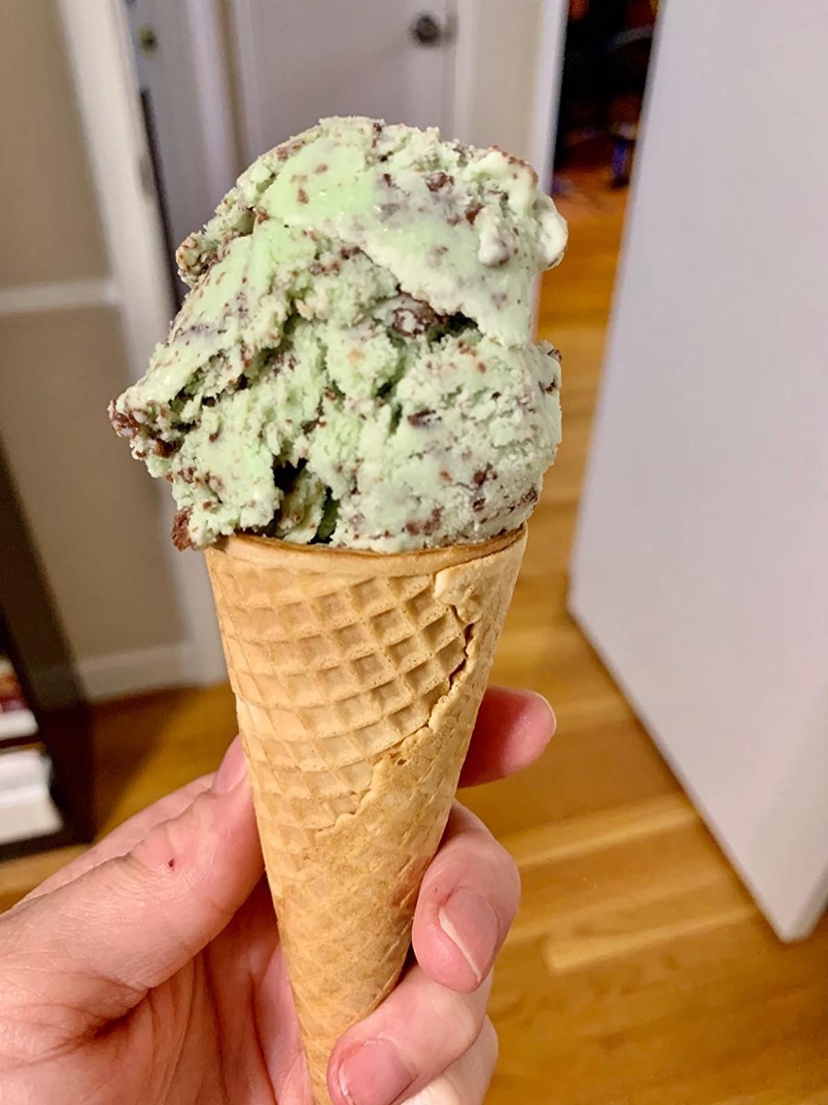 reviewer hand holding a cone with their homemade ice cream