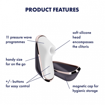 diagram of the product with its features including silicone head, buttons, and magnetic cap