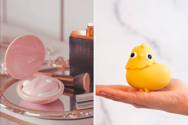 compact sex toy in pink case and hand holding chicken shaped vibe