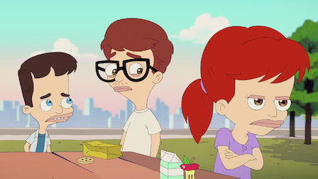 Image from animated series Big Mouth shows three characters at a park