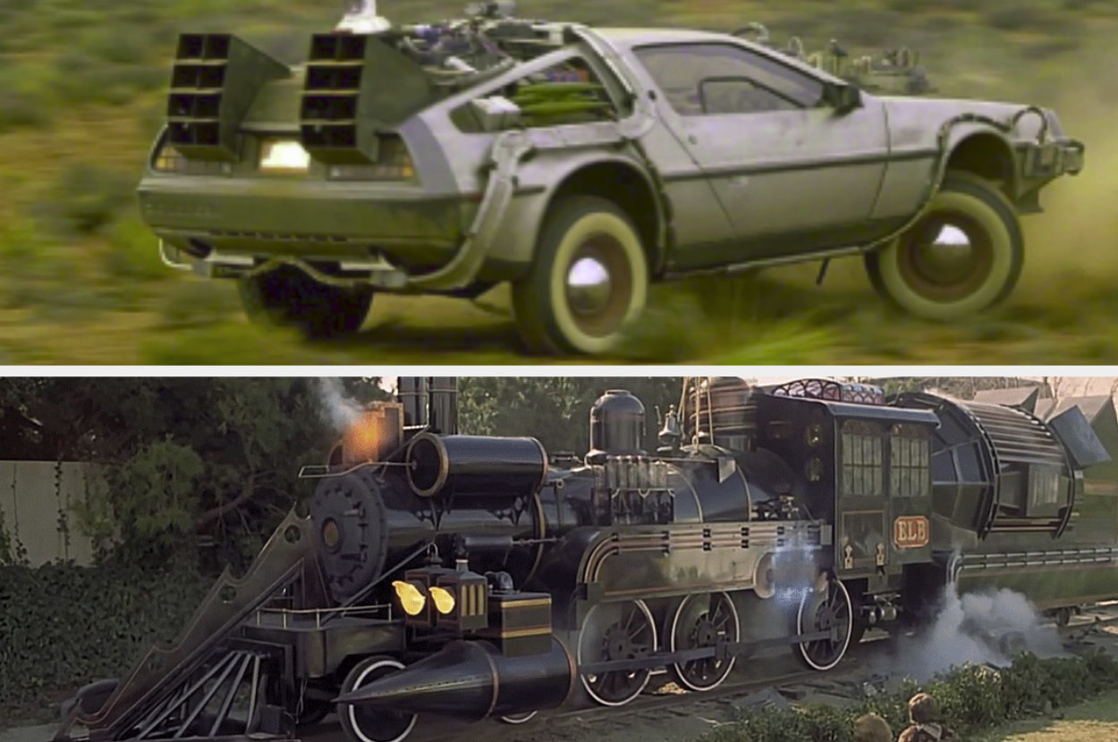 The DeLorean and the train with the same white wall tire look