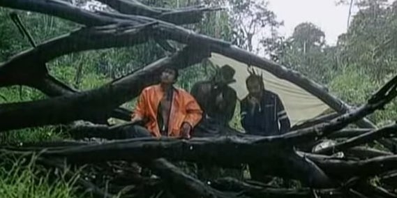 The film crew standing beneath a tree in the forest in &quot;Cannibal Holocaust&quot;
