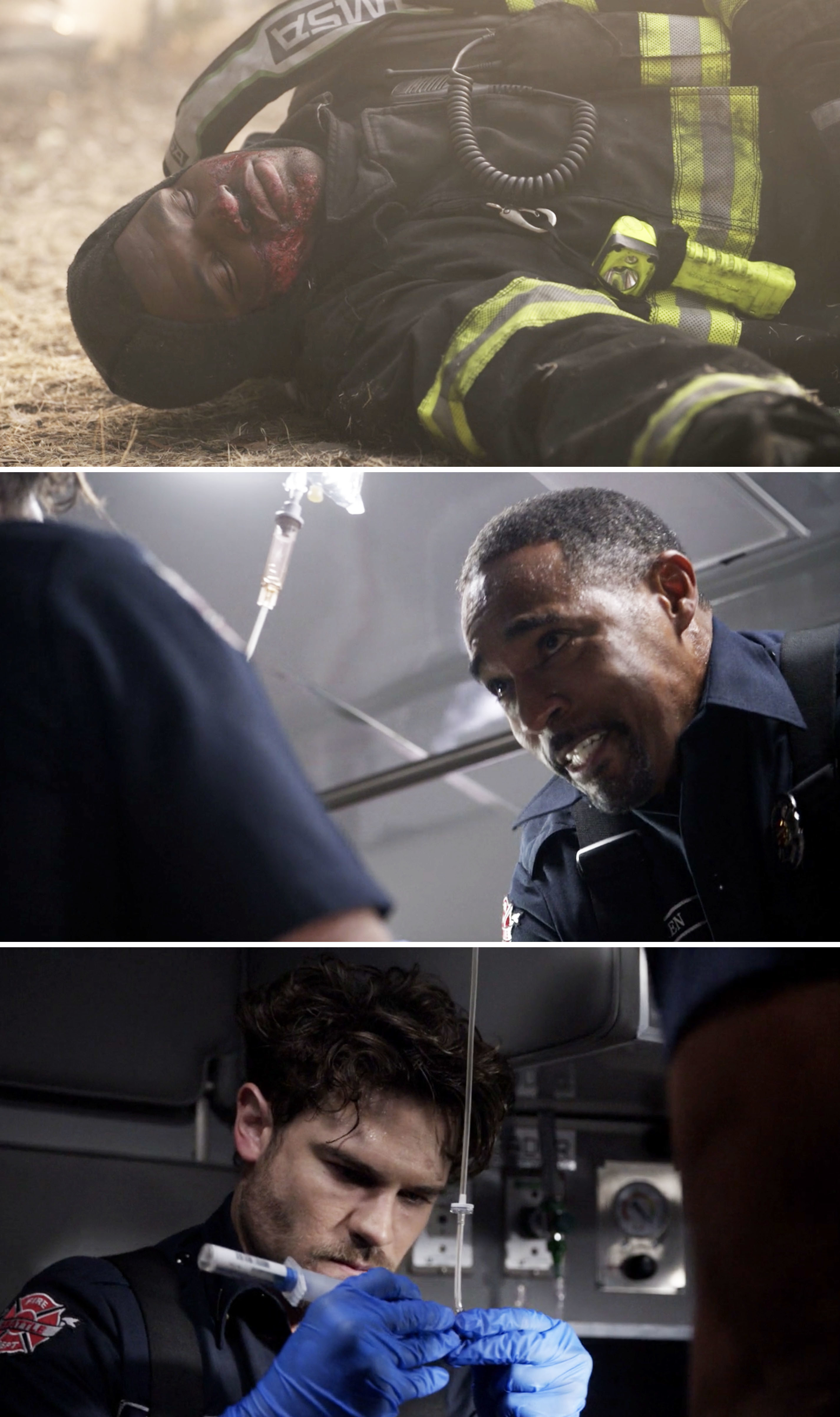 Miller lying on the ground and Ben crying while giving him CPR in an ambulance