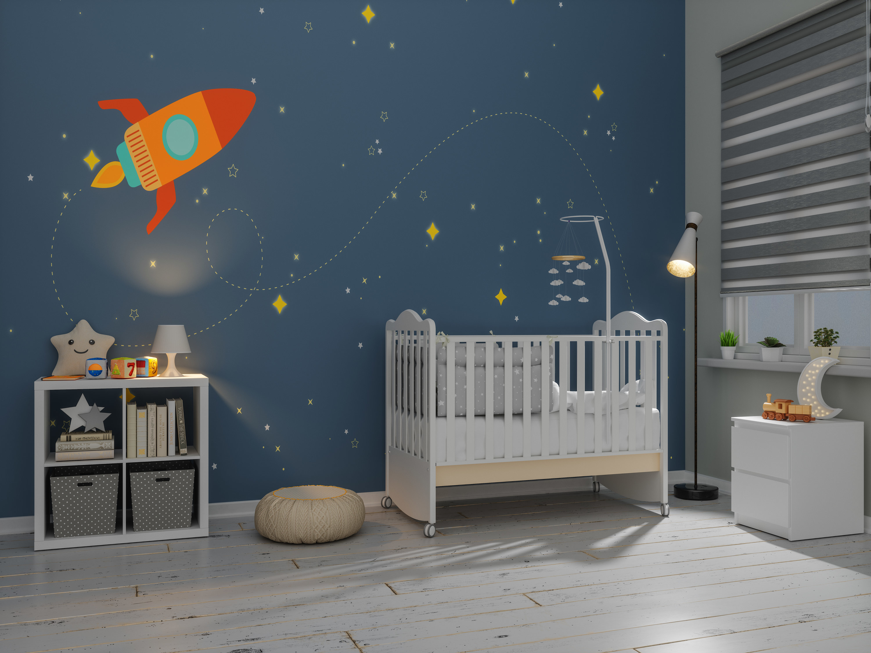 Nursery with a crib, bookshelf, and mural of a rocket