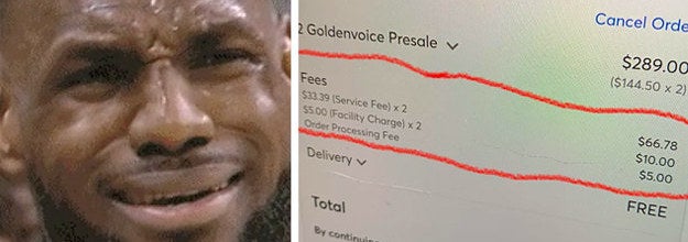 A series of ticket fees and a man looking annoyed