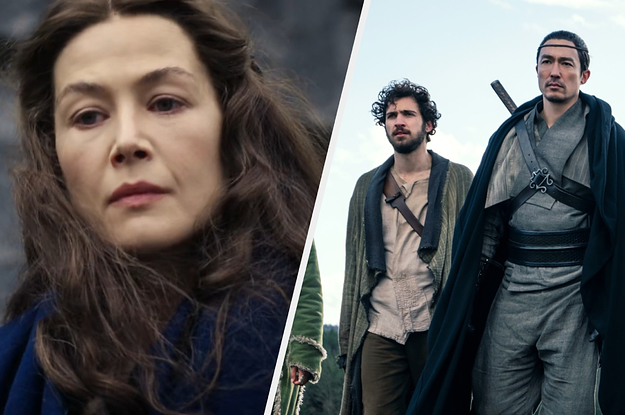 split image of the cast from wheel of time on the left is Rosamund Pike and on the right is Barney Harris and Daniel Henney,