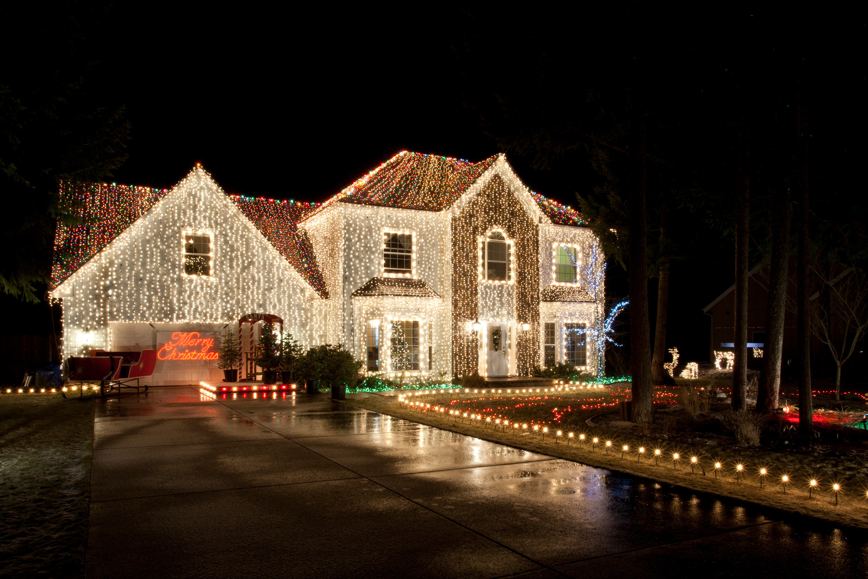 A house covered in Christmas lights