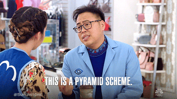A man on superstore saying &quot;this is a pyramid scheme&quot; and a girl saying &quot;no, it&#x27;s called multi-level marketing&quot;