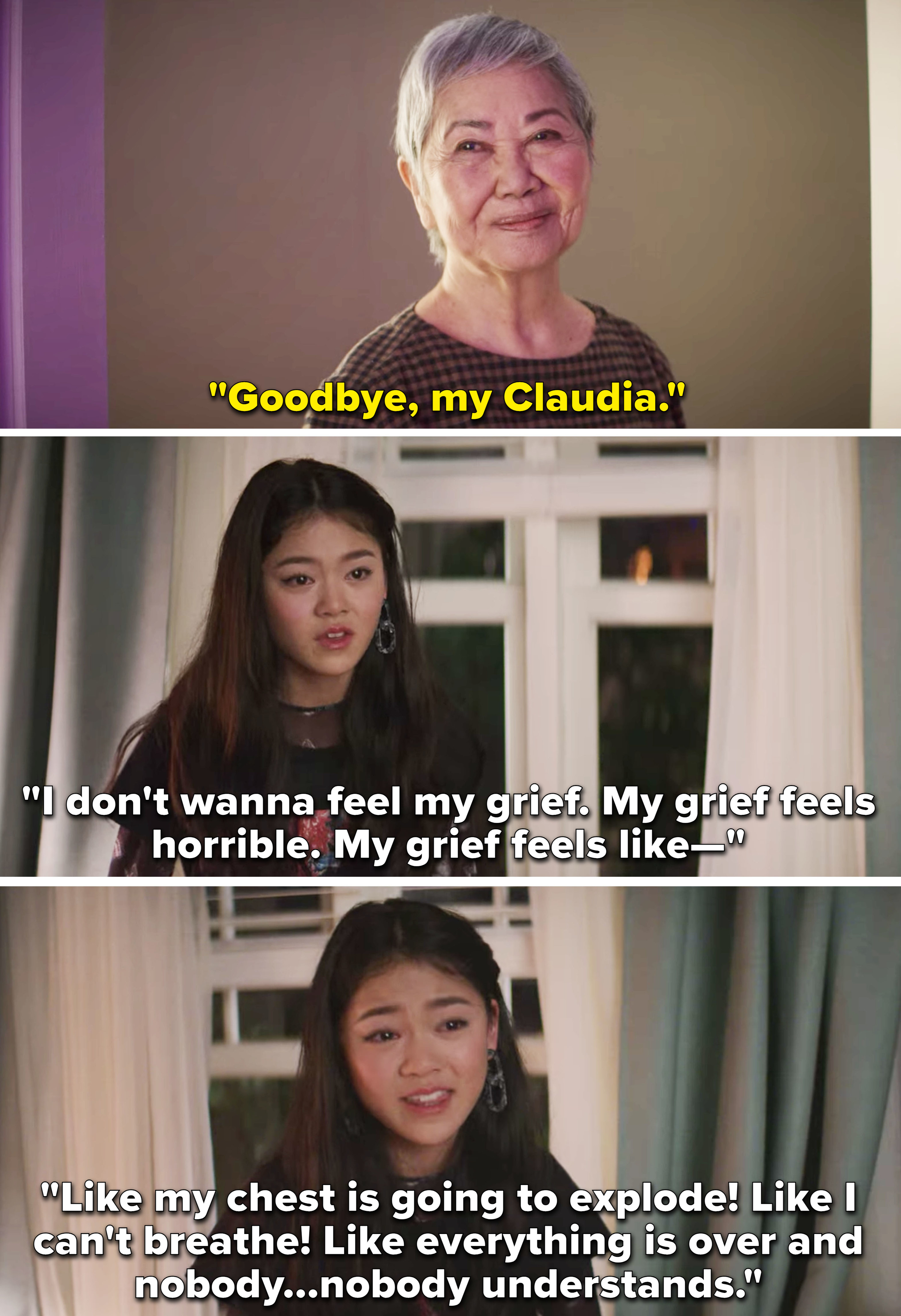 Mimi saying goodbye and Claudia explaining how her grief feels horrible