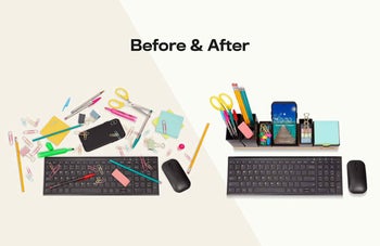 before and after of office supplies and a phone scattered all around a keyboard and mouse, then the supplies neatly in the organizer in front of the keyboard