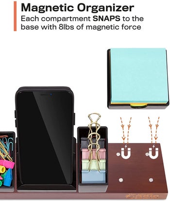 diagram showing how compartments snap into holder with 8 pounds of magnetic force
