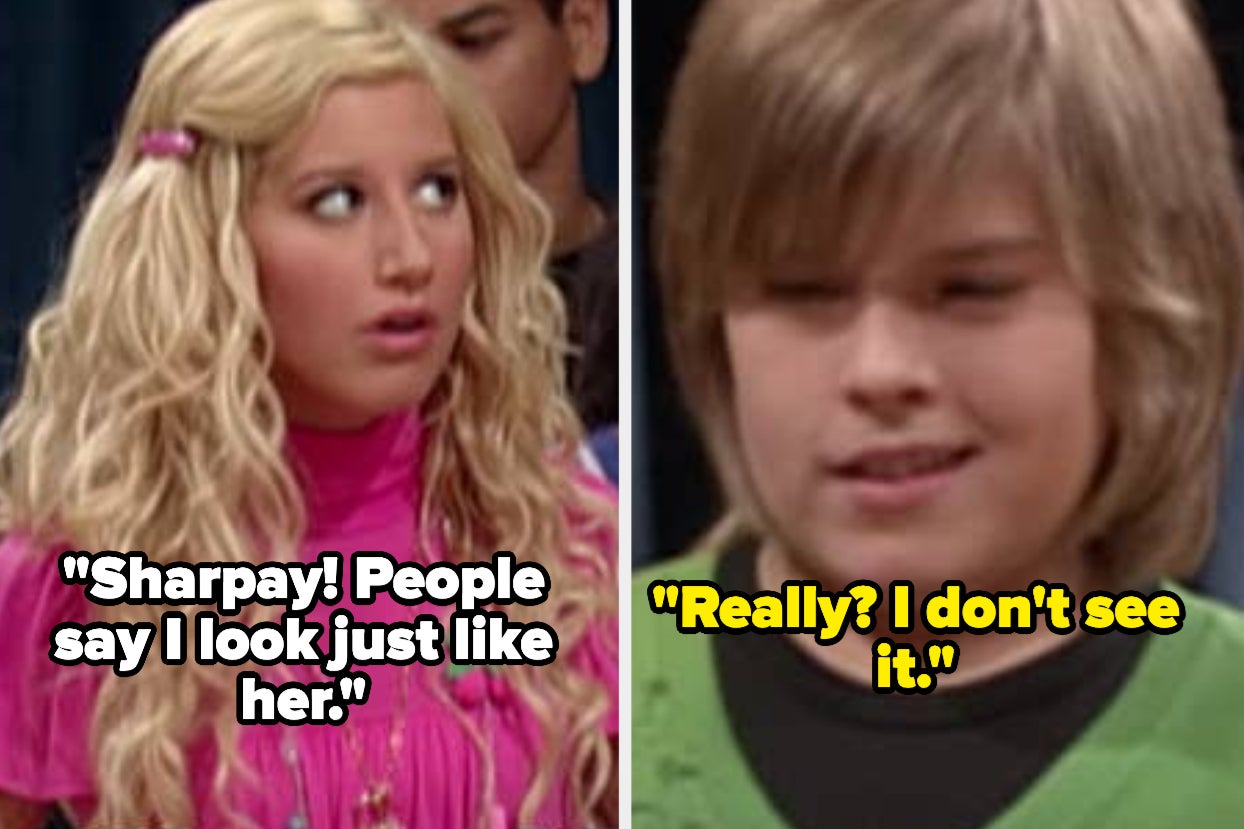 Maddie saying people tell her she looks just like Sharpay on Suite Life of Zack and Cody, and Zack saying he doesn't see it