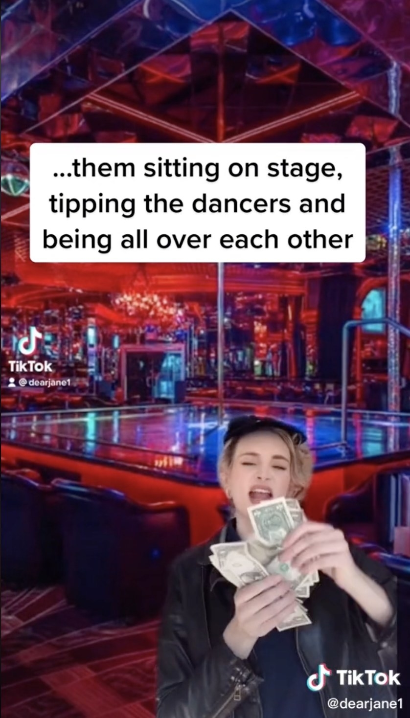 A TikTok screenshot where a woman recreating the situation throws money in front of a stripper pole