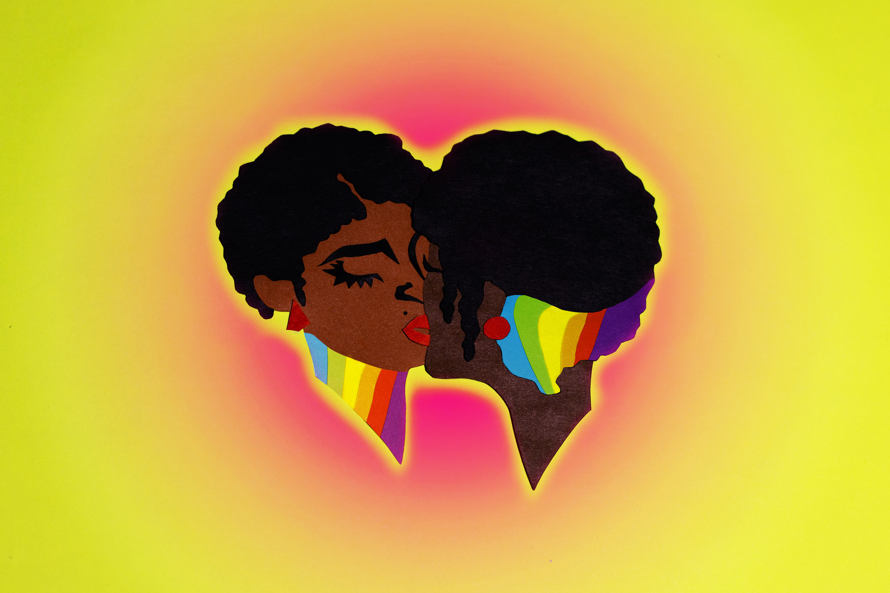 An art piece of two queer black women kissing.