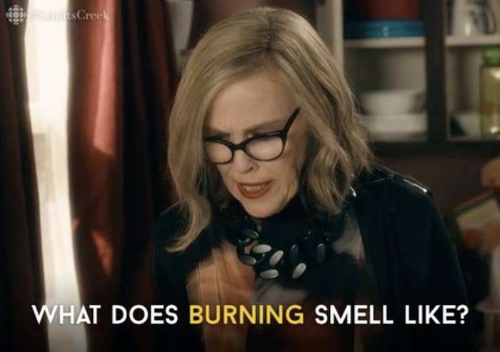 Moira from &quot;Schitt&#x27;s Creek&quot; saying, &quot;What does burning smell like?&quot;