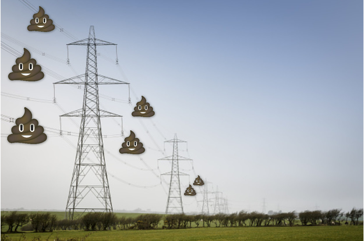 An electricity grid with emoji poos on top.