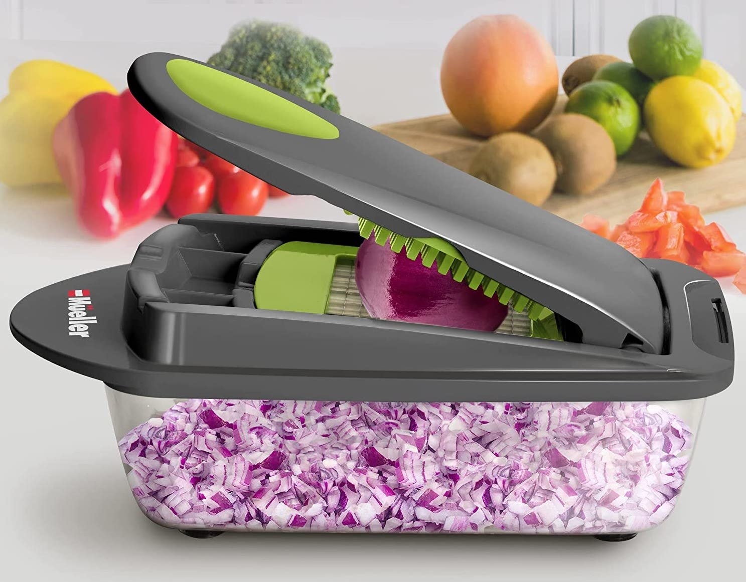 vegetable slicer and chopper chopping a red onion
