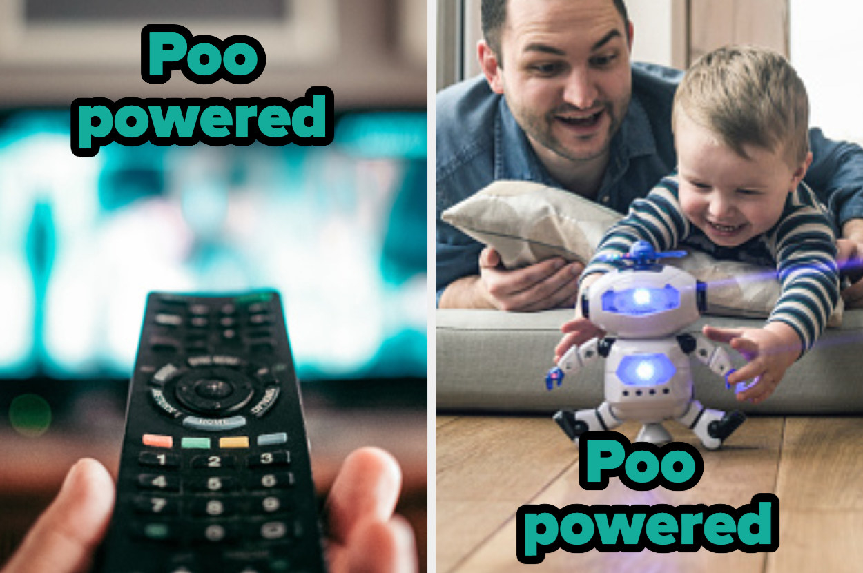 A TV remote and a child playing with a robot - text says &quot;poo powered&quot;