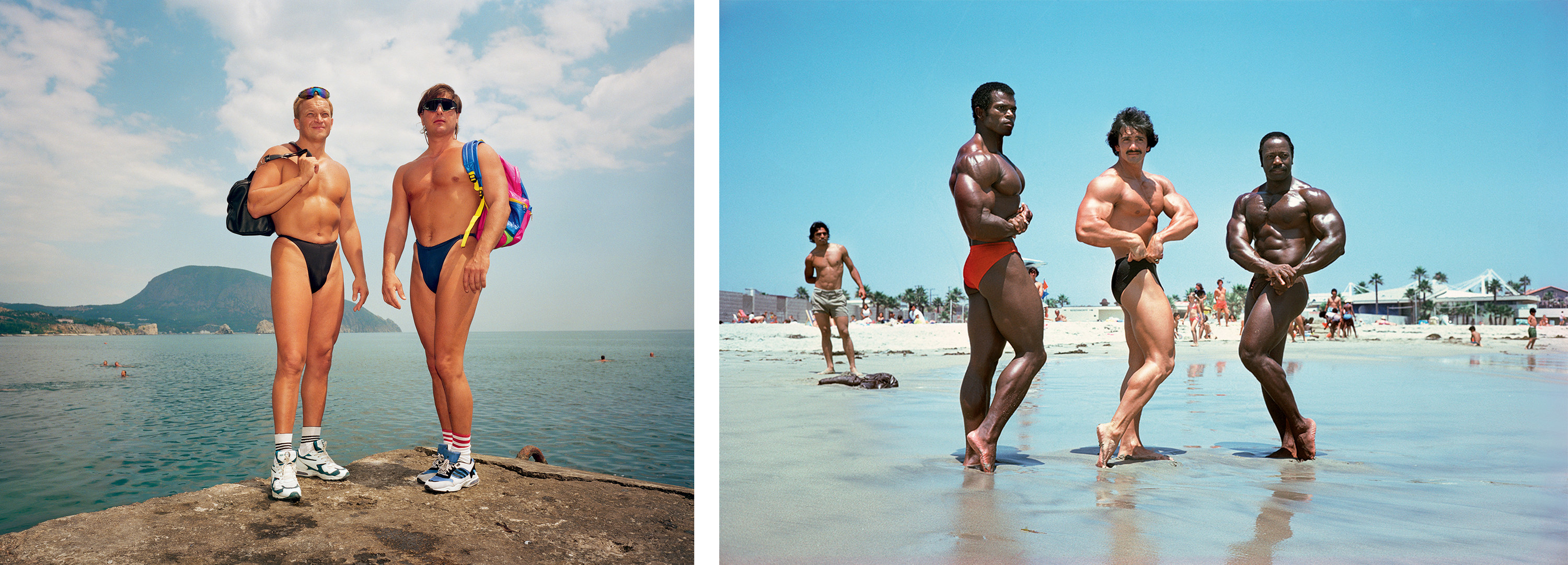 Two side-by-side photos show two buff men in swim briefs next to a bay beside an image of three buff men at the beach showing off their muscles