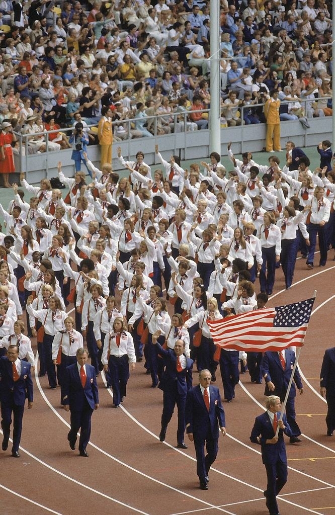 Opening Ceremony: 1976 Summer Olympics: Team USA with flag bearer USA Gary Hall at Olympic Stadium. Montreal, Canada 7/17/1976
